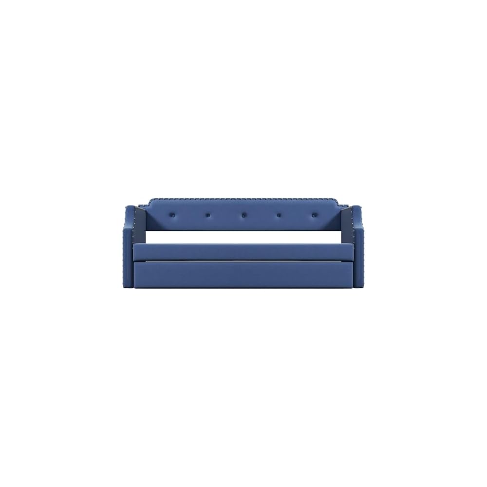 Flieks Twin Upholstered Daybed, Linen Fabric Upholstered Tufted Sofa Bed with Trundle, Sofa Bed Trundle Daybed with Wood Frame (Blue)