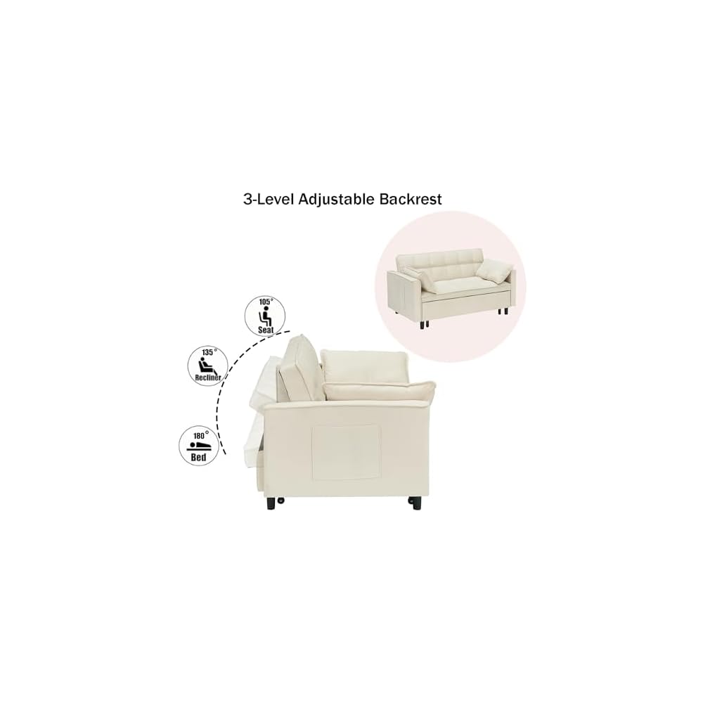 3-in-1 Convertible Sofa Bed, Velvet Loveseat Sleeper with Pull Out Bed, Adjustable Backrest and Side Pockets, Compact Small Space Couch for Living Room, Bedroom, Apartment (Beige)