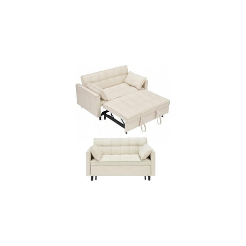 3-in-1 Convertible Sofa Bed, Velvet Loveseat Sleeper with Pull Out Bed, Adjustable Backrest and Side Pockets, Compact Small Space Couch for Living Room, Bedroom, Apartment (Beige)