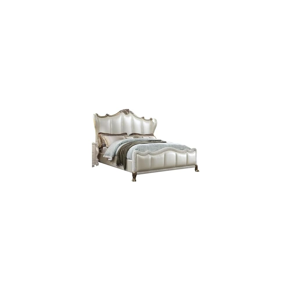 Ally California King Bed, White Faux Leather Victorian Carved, Silver