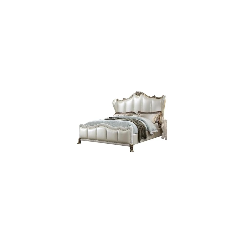 Ally California King Bed, White Faux Leather Victorian Carved, Silver