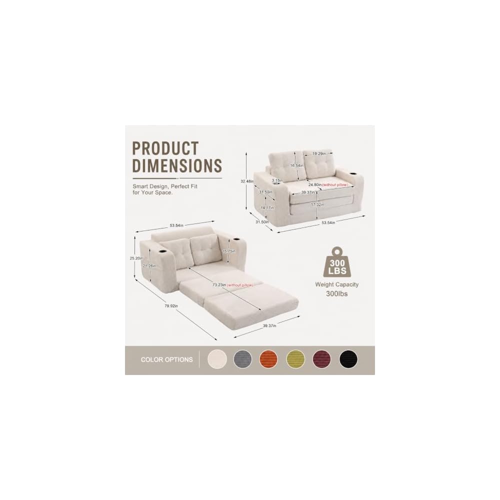 Convertible Sofa Bed, 2-in-1 Pull-Out Loveseat Sleeper with Pillows, Cup Holders and Side Pockets, Corduroy Folding Floor Couch for Small Spaces,Beige