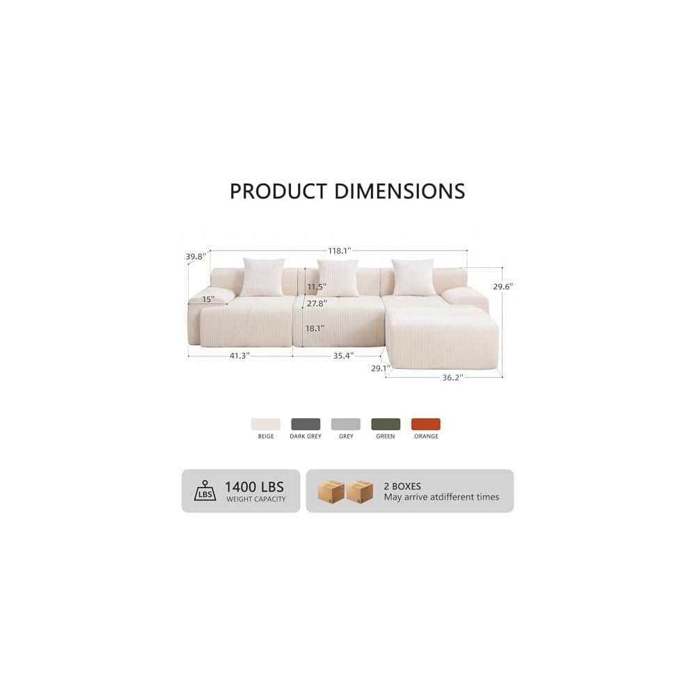 Plush Corduroy 118" Modular Sectional Sofa, Modern Boneless L-Shaped Cloud Couch with Chaise, Deep Seat Upholstered Comfy Living Room Couch, No Assembly Required,Beige
