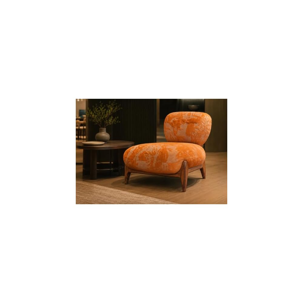 Orange Fabric Accent Chair with Curved Wood Frame and Plush Seat