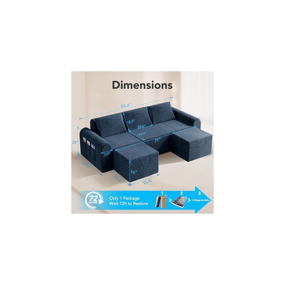 Decofy Cloud Boneless Sectional Sofa for Living Room, 3-Seater Modular Couch for Small Apartments with 2 Ottomans, Deep Seat Chenille Fabric Sofa, No Assembly Required, 72H Full Restore, Blue