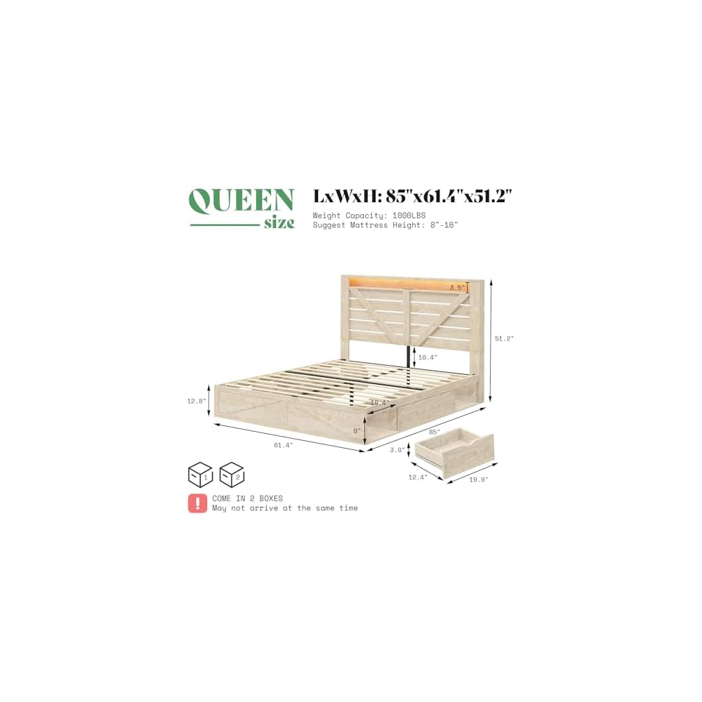 AMERLIFE Queen Farmhouse Bed Frame with 4 Drawers & Open Storage