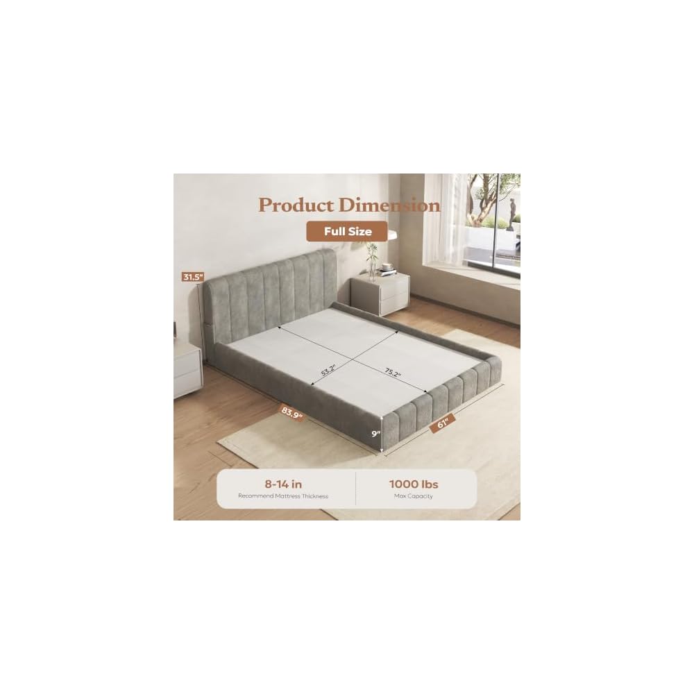 Furnify Full Cloud Bed Frame, Boneless Cushioned Foam Bed with Plush Fabric
