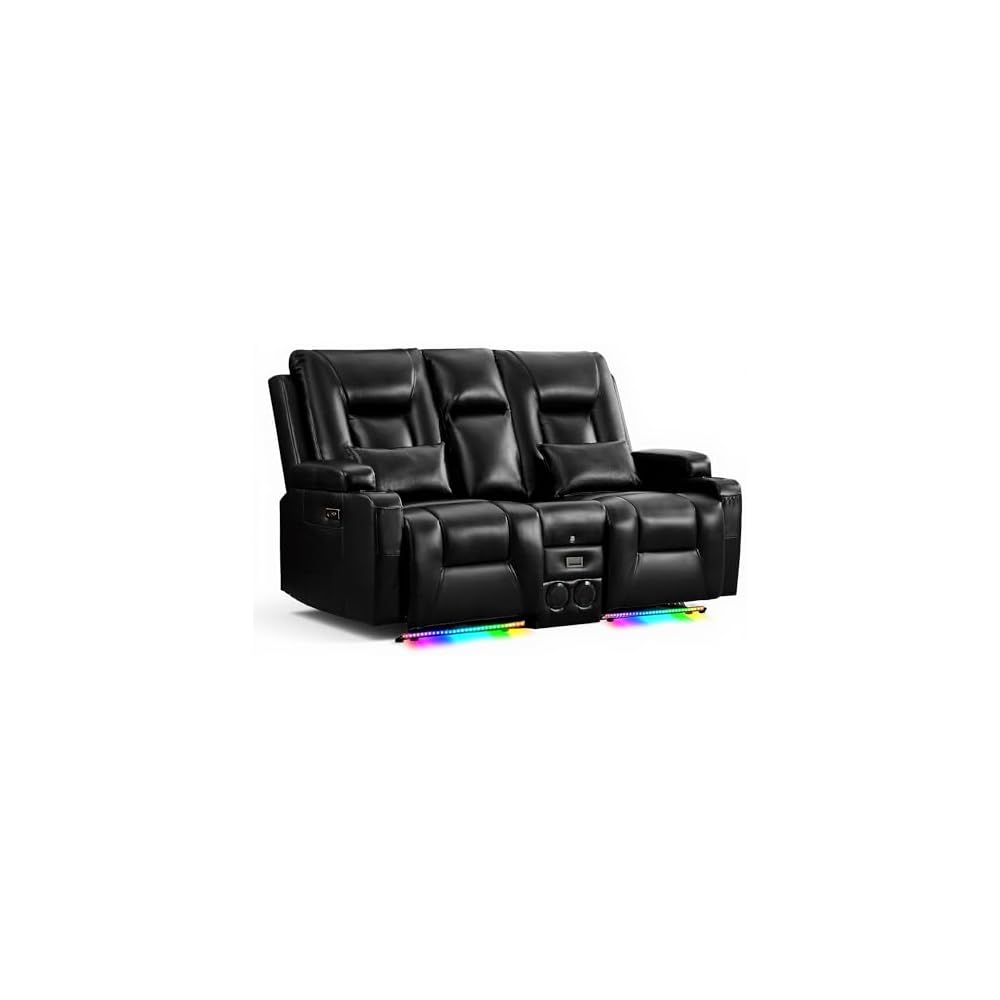 URRED Power Loveseat Recliner Sofa with Console, Wall Hugger Reclining Loveseat RV Couch with LED Light, 150° Zero Gravity Recliners Modular Couches for Living Room (Glossy Black, 68.1'' - 2 Seats)