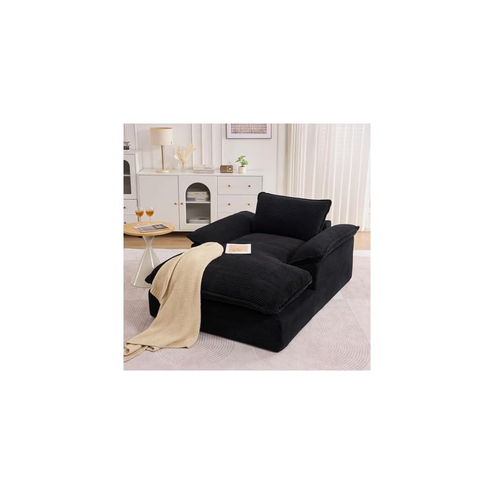 GNIXUU 67" Oversized Chaise Lounge Chair Indoor, Corduroy Upholstered Boneless Sleeper Sofa Bed, Comfy Large Reading Chair with Wide Armrests, Plush Cloud Couch for Living Room Bedroom, Black