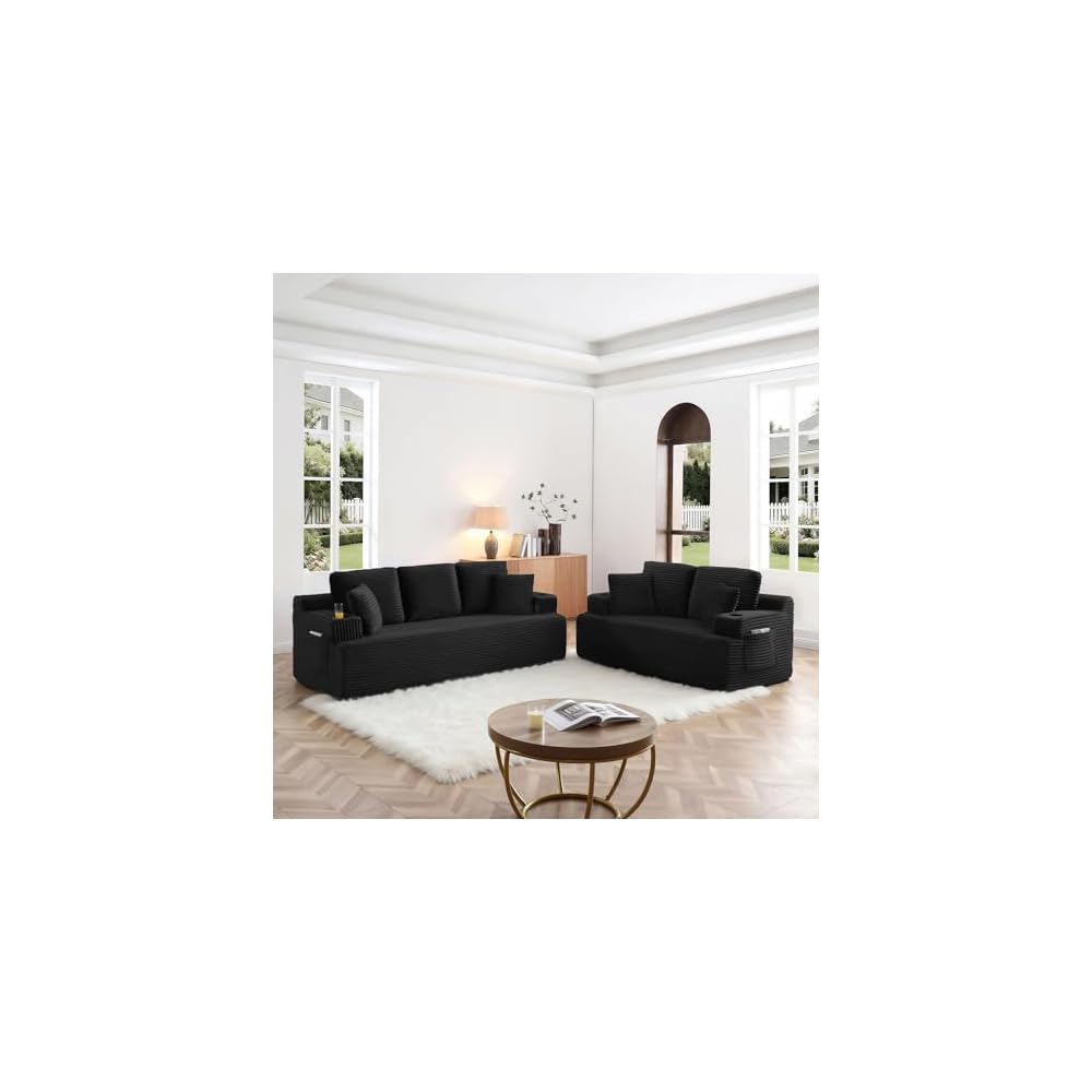 66.5" Corduroy Cloud Loveseat Sofa, 2-Seater Boneless Couch(Black)