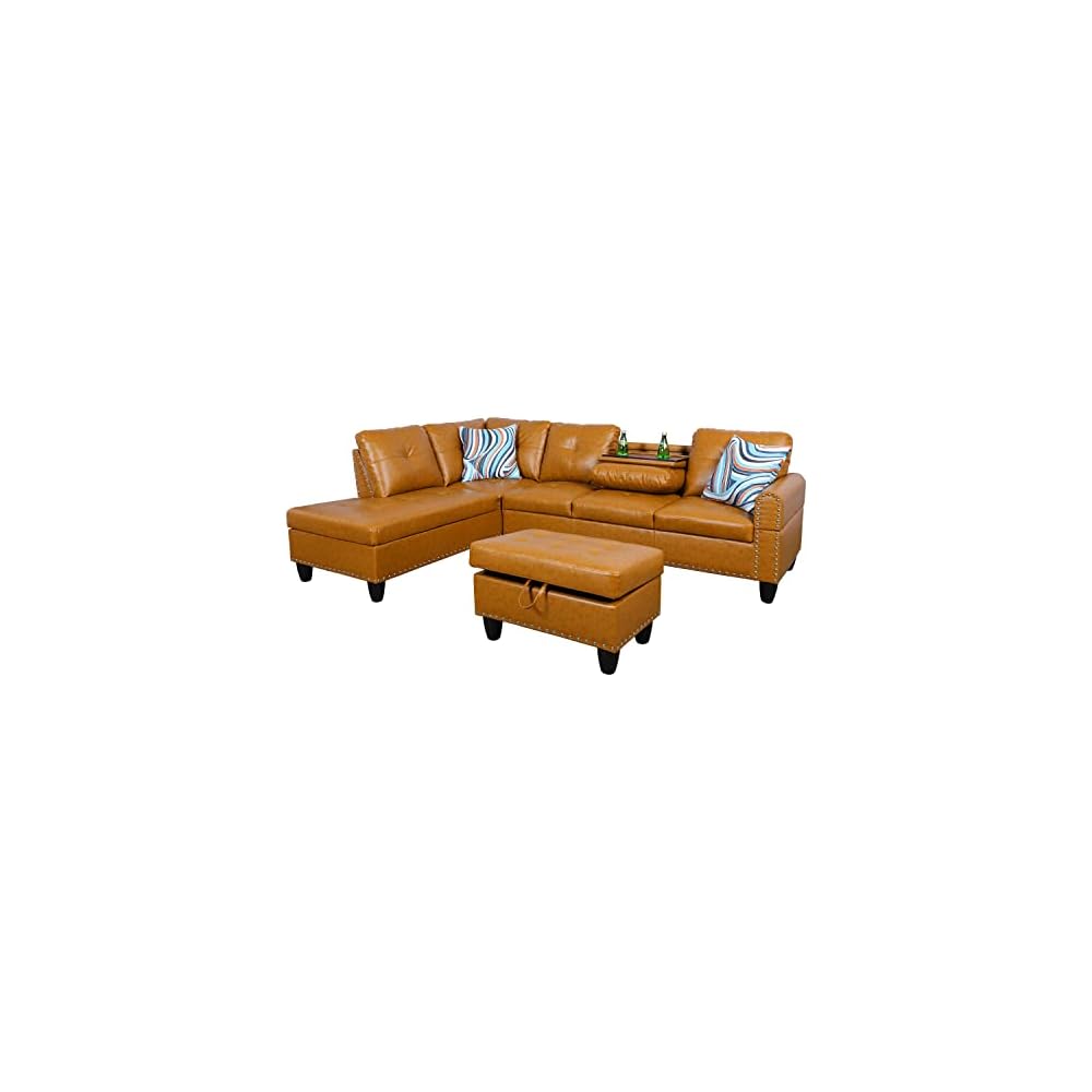 EMKK 3-Piece Faux Leather L-Shaped Sectional Sofas, Button Tufted Upholstered Couches with Chaise Lounge and Storage Ottoman, Modular Living Room Set, Foldable Console and Cup Holder