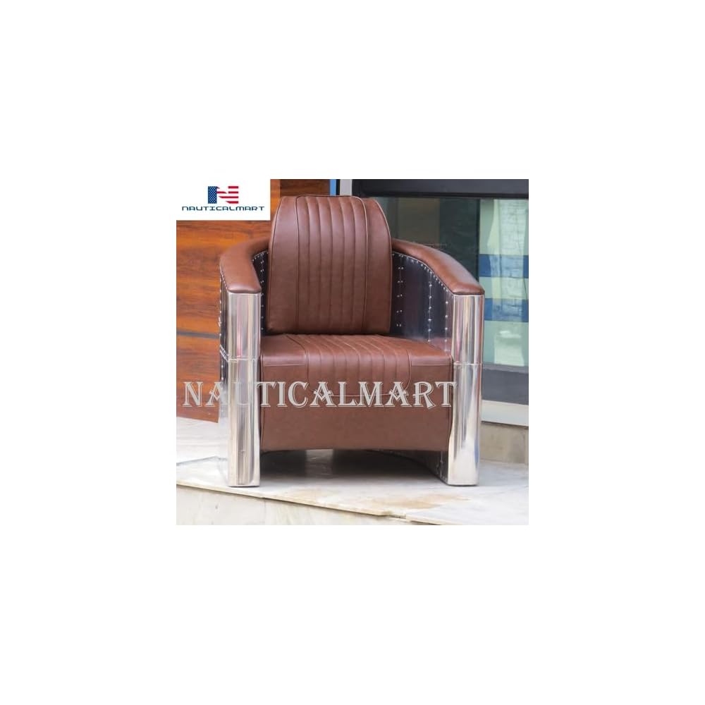 Nautical-Mart Aluminium Aviator Chair Light Brown Leather Vintage Style Industrial Furniture