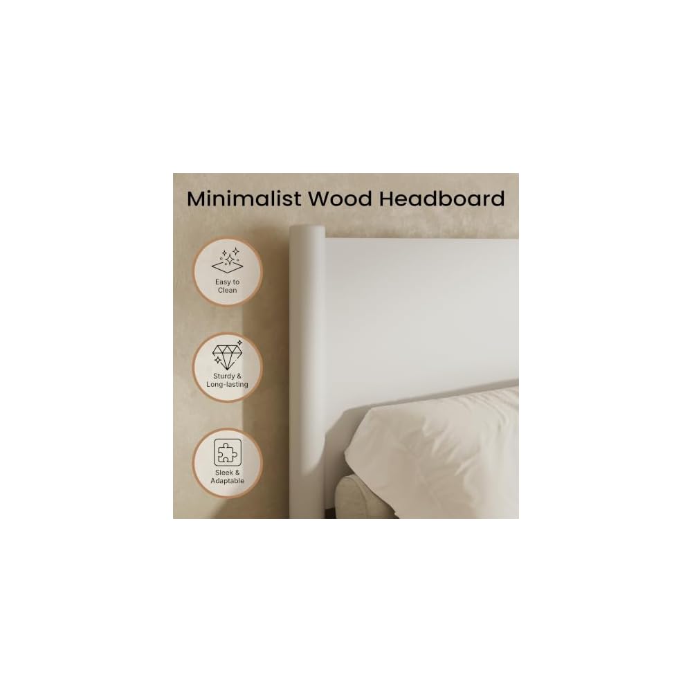 King Size Platform Bed Frame with Wood Headboard, White