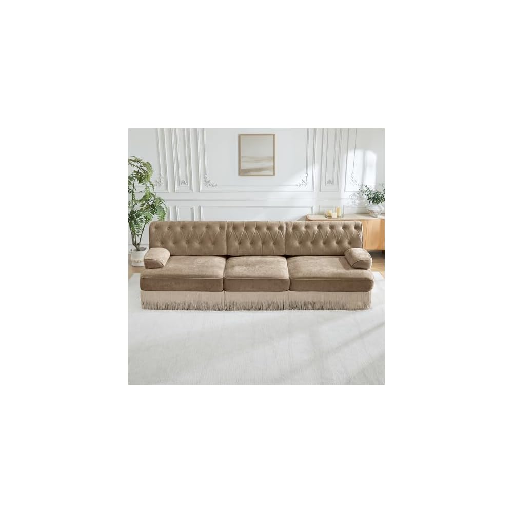 healthomse Modular Sectional Sofa Couch, Soft Velvet Fabric Chesterfield Style Sofa, Modern Button Tufted Couch with Floor-grazing Tassel Fringe Skirt, for Living Room, Bedroom (Camel, 106.1inch)