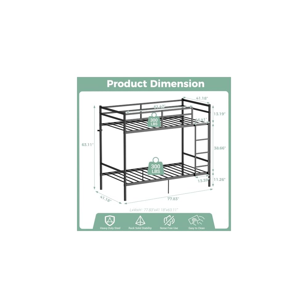 Metal Bunk Bed Twin Over Twin for Kids and Teens, Noise-Free Design, Black