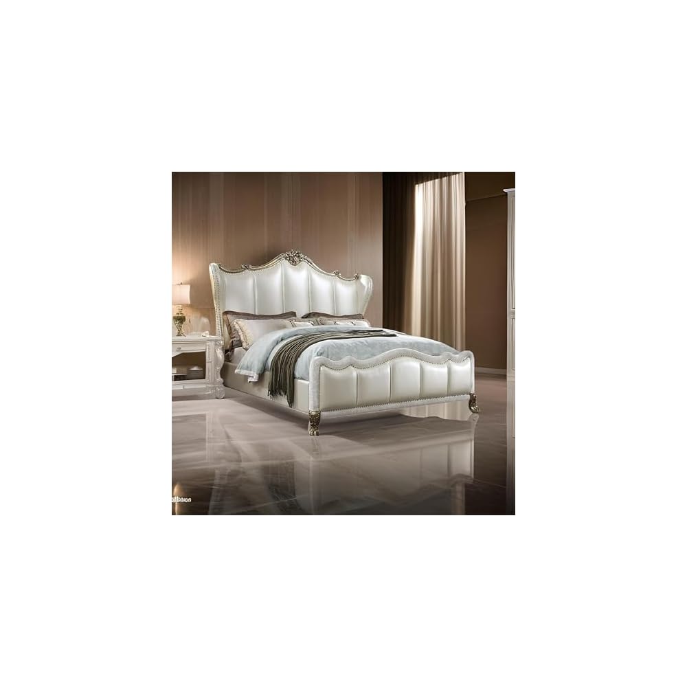 Ally California King Bed, White Faux Leather Victorian Carved, Silver