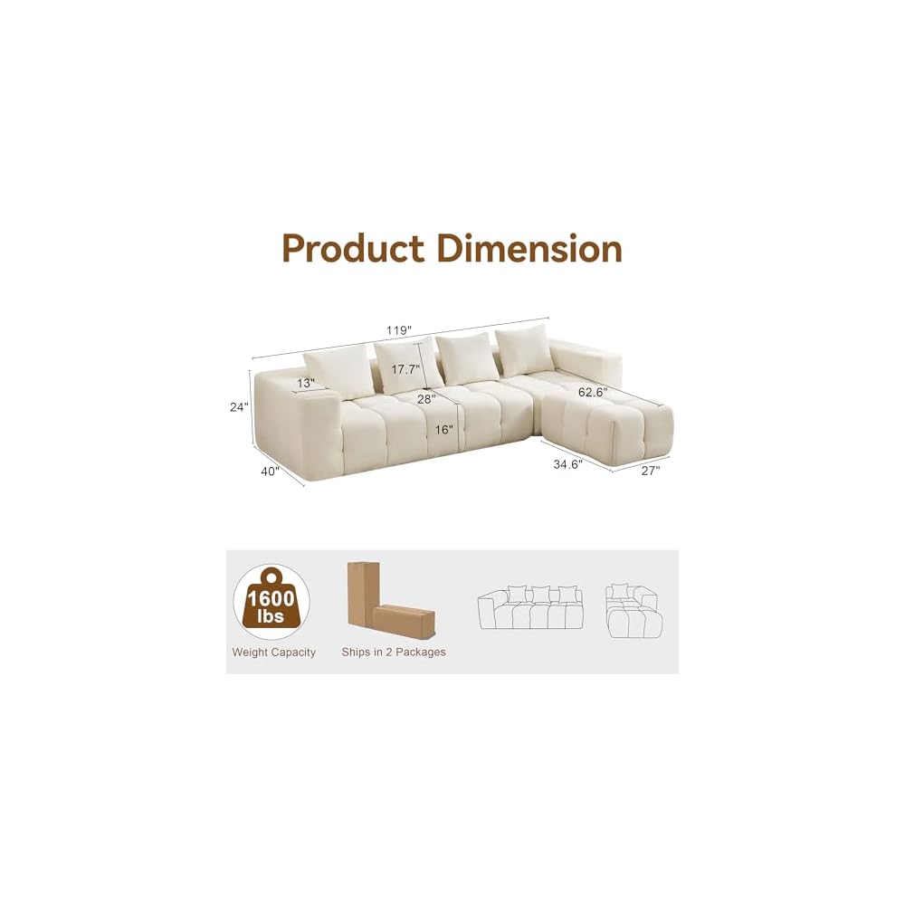 119" Oversized Cloud Boneless Couches for Living Room, Modern Tufted Modular Sectional Sofa with Deep Seat & Movable Ottoman, L Shaped Memory Foam Chenille Couch, No Assembly Required, Beige