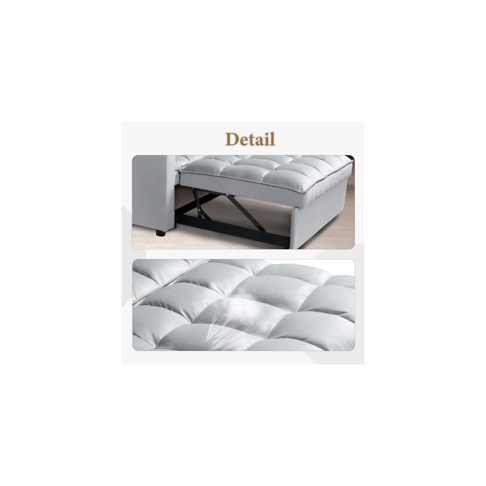 ORRD Convertible Sofa Bed,3-in-1 Multi-Functional Velvet Sleeper Couch Pull-Out 48'' Loveseat Bed Chaise Lounge with Adjustable Backrest and Pillows,Hidden Side Table for Living Room,Small Space Grey