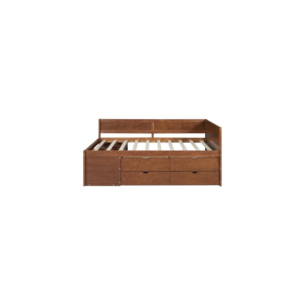 Merax Wooden Daybed, Full Size Bed Frame with Drawers and Storage Shelves for Bedroom, Wood Slat Support, No Box Spring Needed, Easy Assembly (Walnut)