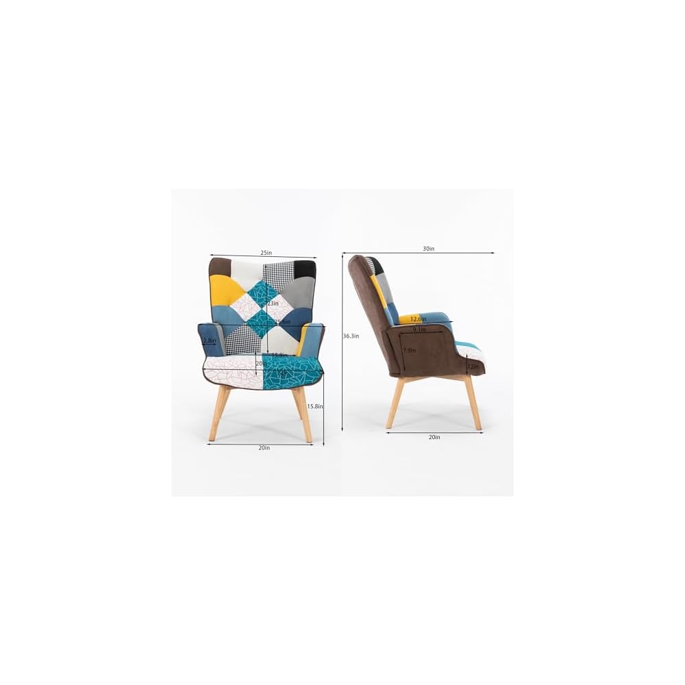 Modern Patchwork Accent High Backrest Armrests Lounge Recliner Chair Easy Assembly for Living Room Bedroom Studio Antique Blue One Size