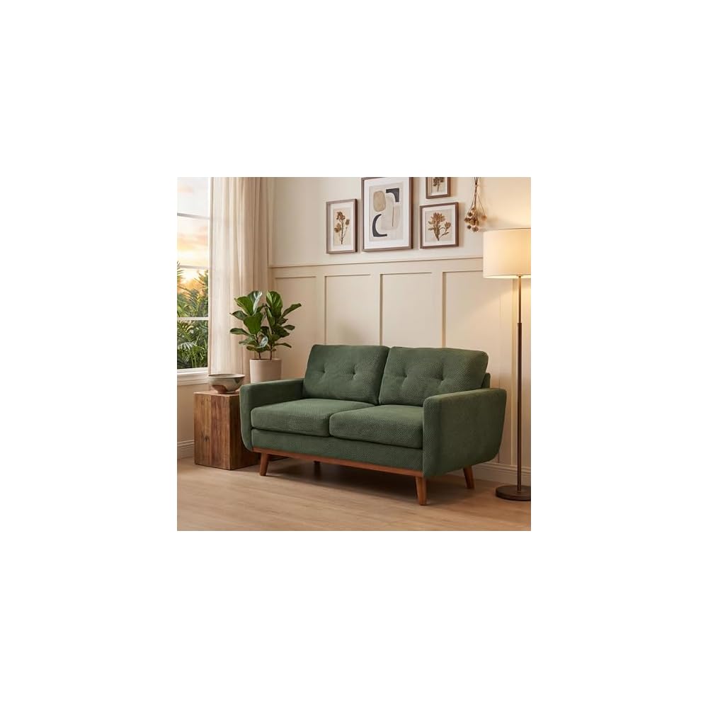 KEIKI 65" Upholstered Sofa, Corner Couch, 2 Seat Comfortable Couch with Solid Wood Legs for Living Room, Apartment, Office, Dark Green