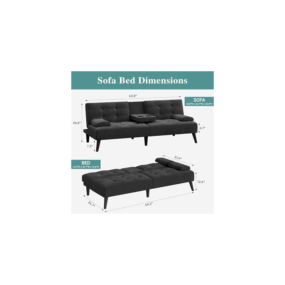 64" Futon Sofa Bed, 64" Convertible Loveseat with 2 Cup Holders, Small Couch with 3 Adjustable Angles & Removable Armrest, Sleeper Sofa for Apartment, 5.3 FT, Black
