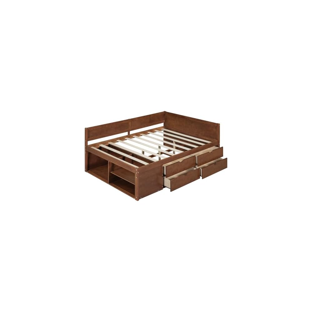 Merax Wooden Daybed, Full Size Bed Frame with Drawers and Storage Shelves for Bedroom, Wood Slat Support, No Box Spring Needed, Easy Assembly (Walnut)