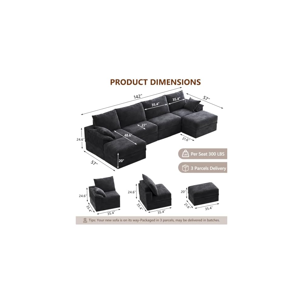 142" Modular Sectional Sofa Boneless Couch with Storage,U-Shape 4 Seat Comfy Modern Couch Sofa with Chaise, 27" Deep Seat Corduroy Sofa for Living Room, Tool-Free Assembly - Dark Grey