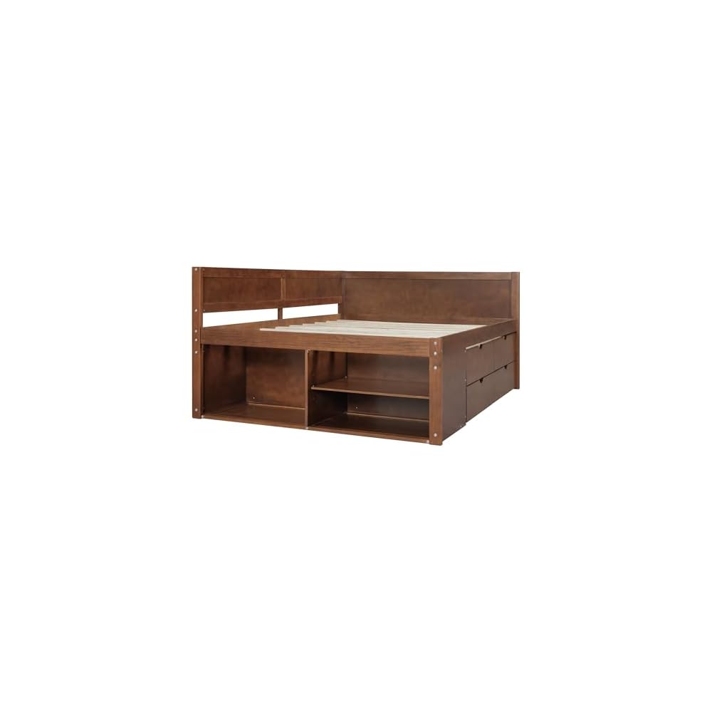 Merax Wooden Daybed, Full Size Bed Frame with Drawers and Storage Shelves for Bedroom, Wood Slat Support, No Box Spring Needed, Easy Assembly (Walnut)