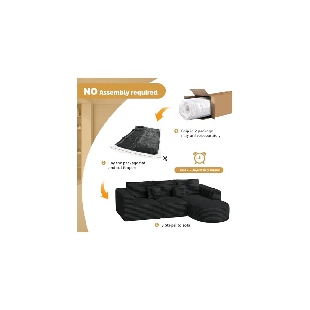 110” Modular Sectional Cloud Boneless Couches, L-Shaped Curved Sofa with Chaise, Deep Seat Convertible Sleeper Bed Include 2 pcs Pillow, No Assembly Required(Black Corduroy Fabric)