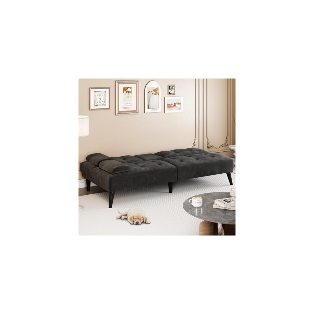 64" Futon Sofa Bed, 64" Convertible Loveseat with 2 Cup Holders, Small Couch with 3 Adjustable Angles & Removable Armrest, Sleeper Sofa for Apartment, 5.3 FT, Black