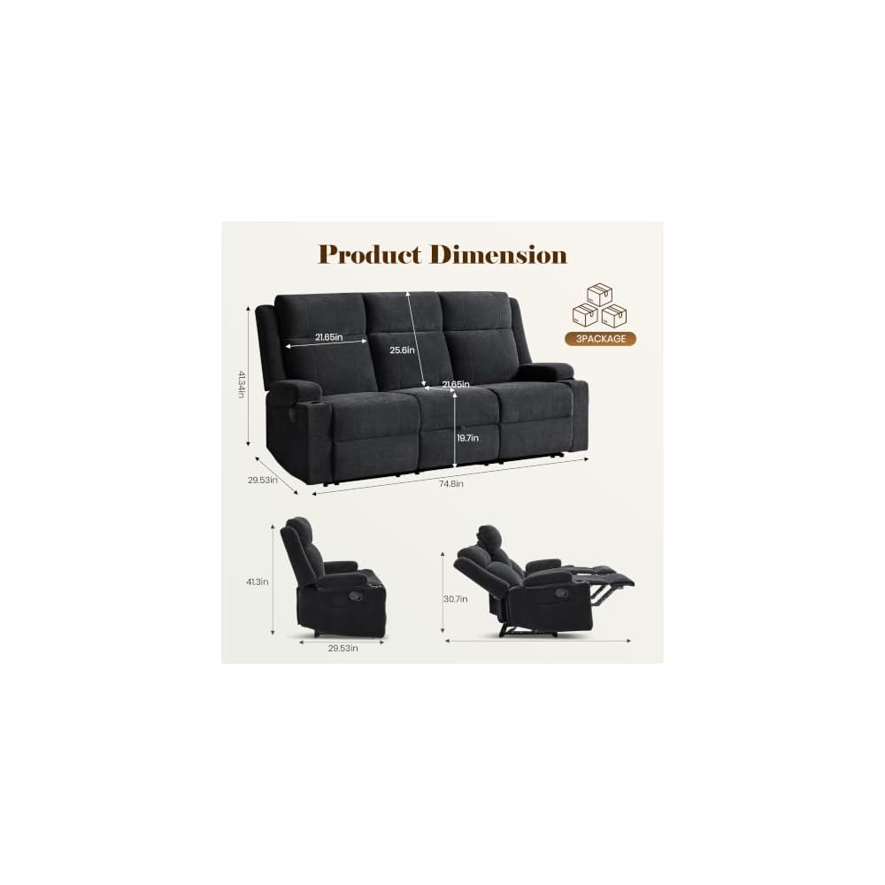 GUEAPY Reclining Sofa for Living Room, 75" Manual Reclining Couch with Chenille Fabric, Flip-Down Center Backrest, 4 Cup Holders, Storage Drawer & Side Pockets, Home Cinema Seating,Black