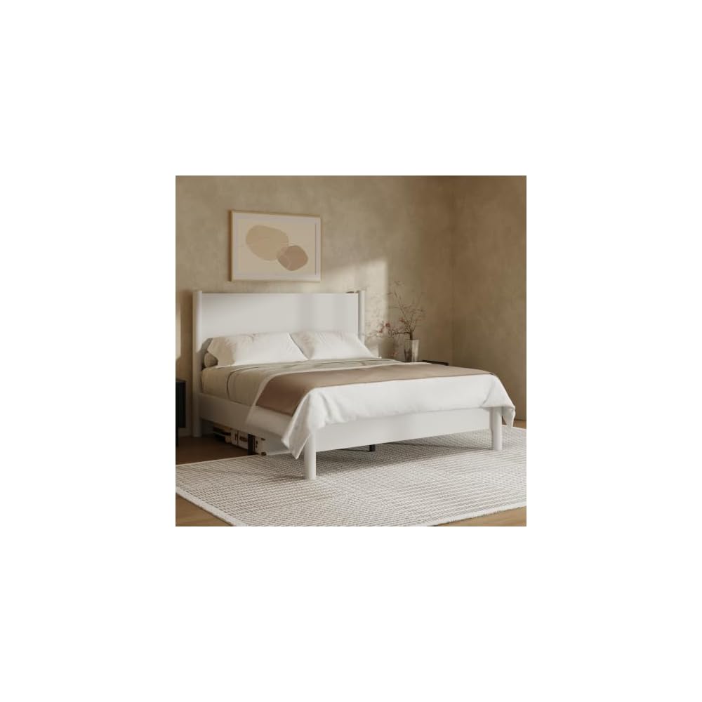 King Size Platform Bed Frame with Wood Headboard, White