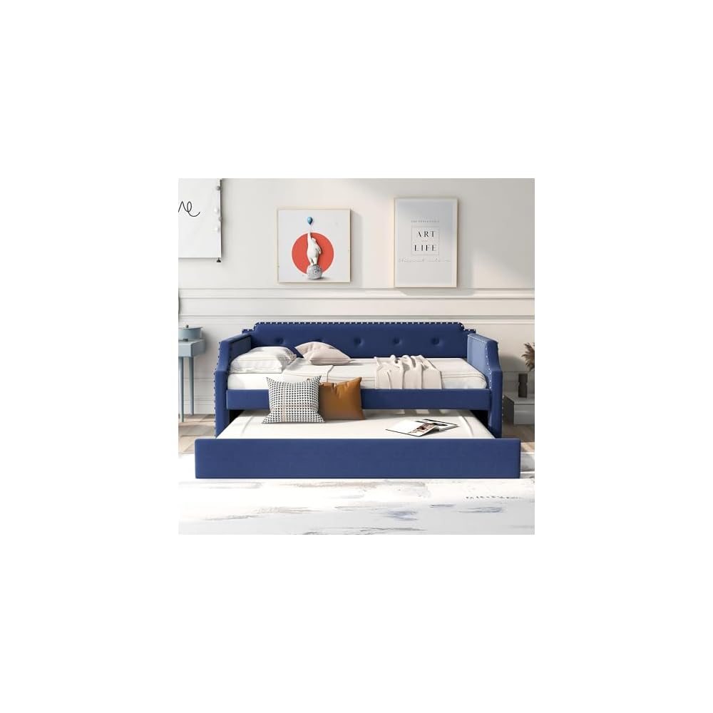 Flieks Twin Upholstered Daybed, Linen Fabric Upholstered Tufted Sofa Bed with Trundle, Sofa Bed Trundle Daybed with Wood Frame (Blue)