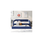 Flieks Twin Upholstered Daybed, Linen Fabric Upholstered Tufted Sofa Bed with Trundle, Sofa Bed Trundle Daybed with Wood Frame (Blue)
