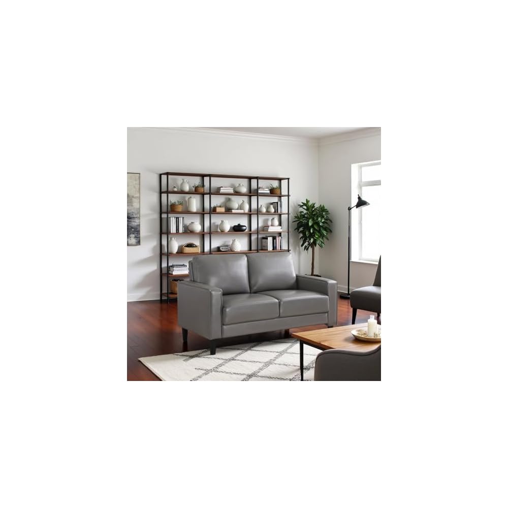 Furnifact Gray Faux Leather Loveseat, Modern 2 Seater Sofa for Living Room, Stylish Faux Upholstery for Office or Compact Living Spaces