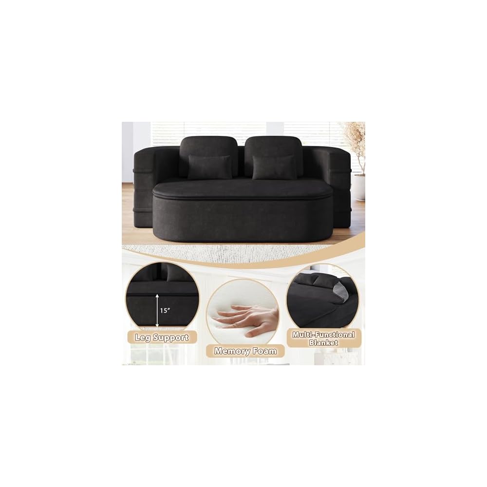 75'' Chenille Convertible Floor Couch, 2‑in‑1 Sleeper Sofa Bed