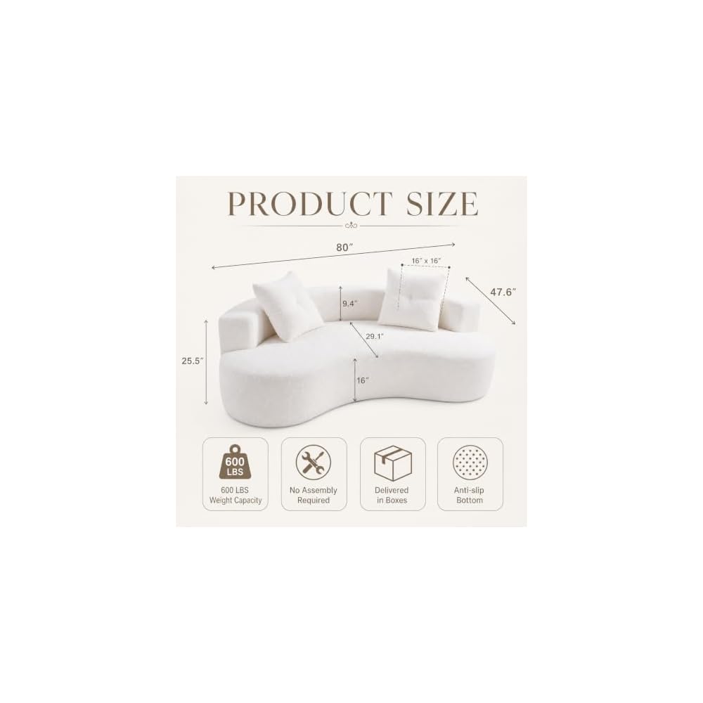 HRVEOCEI Luxury 80” Curved Loveseat Sofa, Chenille Curved Couch with 2 Big Pillows & Extra Wide Armrests, Comfy Upholstered Oversized Loveseat Couch & Sofa for Living Room (Beige, 80 Inches)