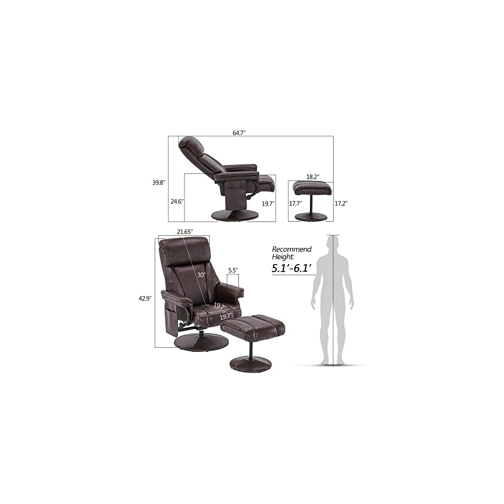 MCombo Swivel Recliner with Ottoman, TV Chair with Vibration Massage, Ideal for RV Small Space, Living Room & Bedroom 4539 4828 (Faux Leather, Dark Brown)