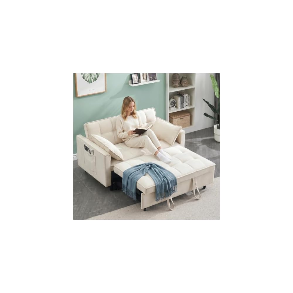 3-in-1 Convertible Sofa Bed, Velvet Loveseat Sleeper with Pull Out Bed, Adjustable Backrest and Side Pockets, Compact Small Space Couch for Living Room, Bedroom, Apartment (Beige)