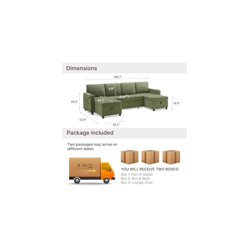 KISLOT 110 Inch Sectional Sleeper Sofa with Pull Out Bed Convertible Plush 2 in 1 Couch with Storage Chaise & USB Charging Comfy L Shaped Modular Couches for Living Room Apartment(3 Box)
