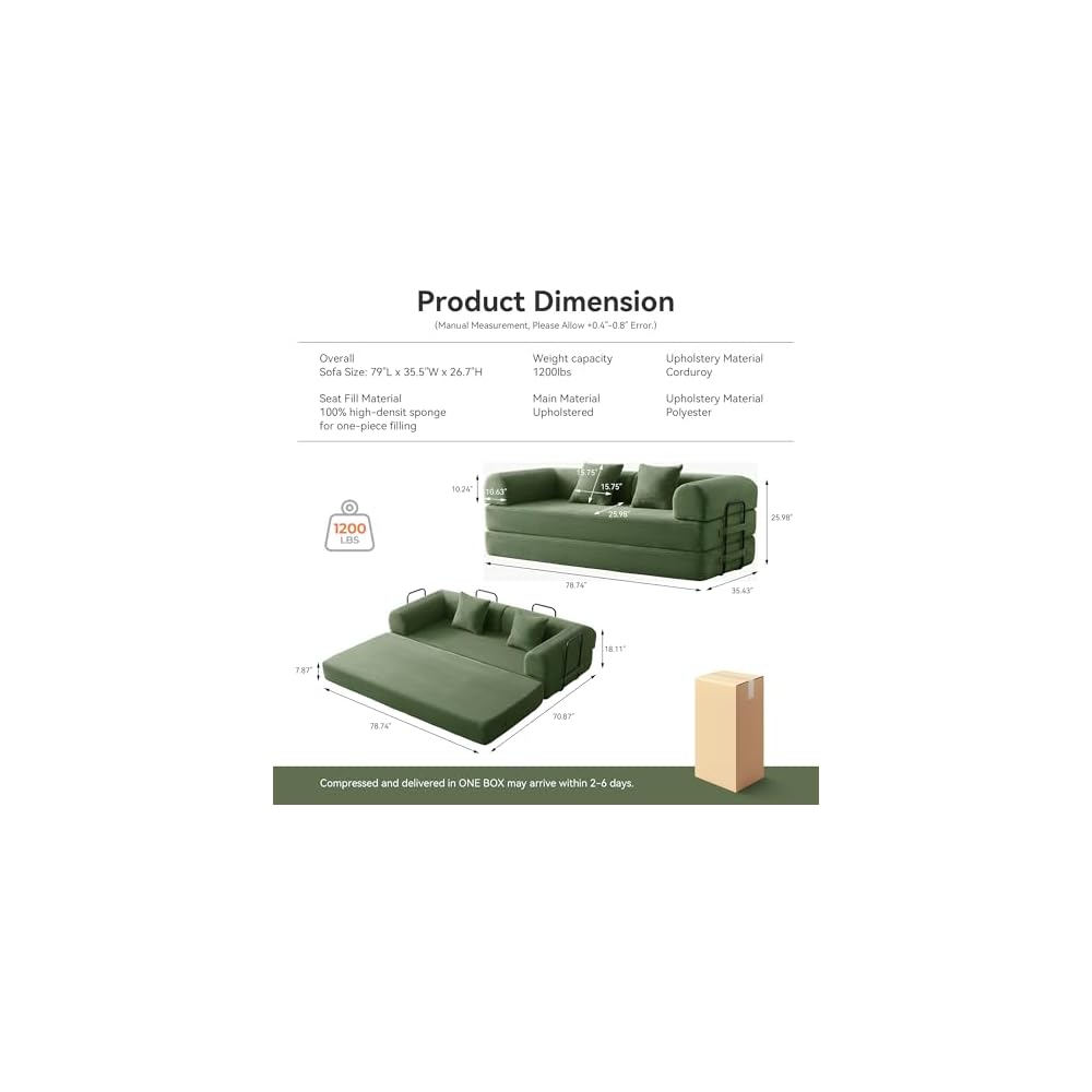 79" Convertible Futon Sofa Bed, Boneless Couch for Living Room (Green)