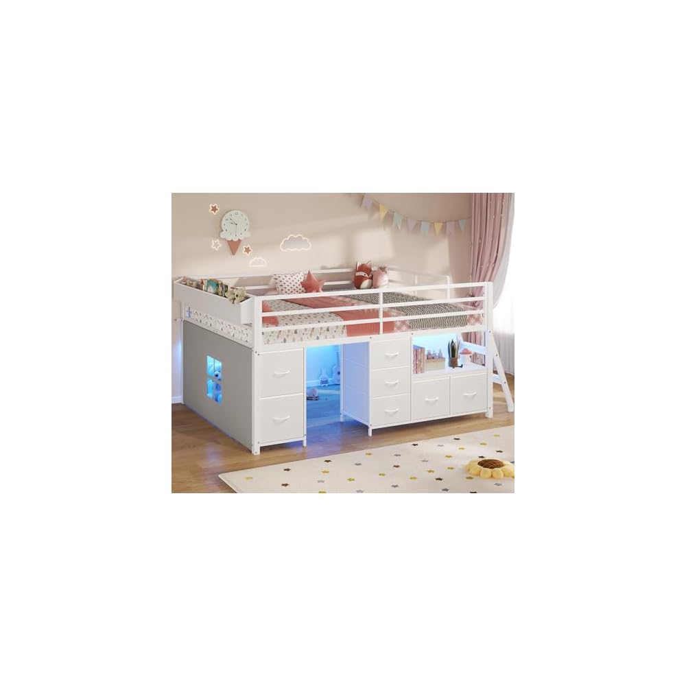 ADORNEVE Kids Low Loft Bed Full with 7 Drawers, Bookcase, Safety Guardrail