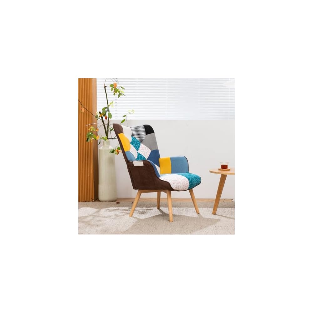 Modern Patchwork Accent High Backrest Armrests Lounge Recliner Chair Easy Assembly for Living Room Bedroom Studio Antique Blue One Size