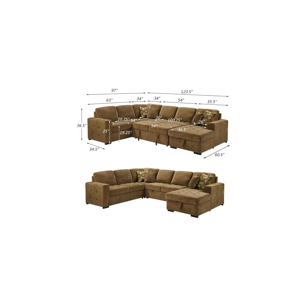 THSUPER 123'' Sectional Sleeper Sofa Couch with Pull Out Bed, Oversized Sleeper Sectional Couches with Storage Chaise U Shape Sofas for Living Room, Brown