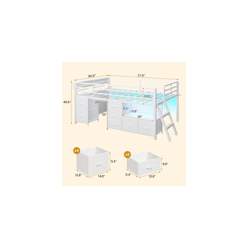 ADORNEVE Kids Low Loft Bed Full with 7 Drawers, Bookcase, Safety Guardrail