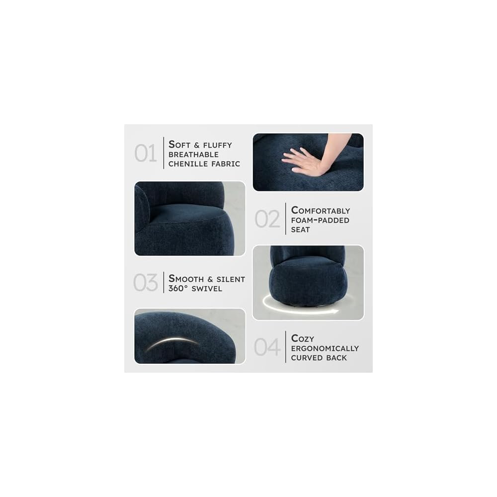 Lexicon Modern Barrel Swivel Accent Chair - Upholstered Soft Chenille Fabric with Metal Base, 360 Degree Round Swivel Accent Chair for Living Room, Bedroom, Office, No Assembly Required, Blue