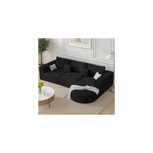 110” Modular Sectional Cloud Boneless Couches, L-Shaped Curved Sofa with Chaise, Deep Seat Convertible Sleeper Bed Include 2 pcs Pillow, No Assembly Required(Black Corduroy Fabric)