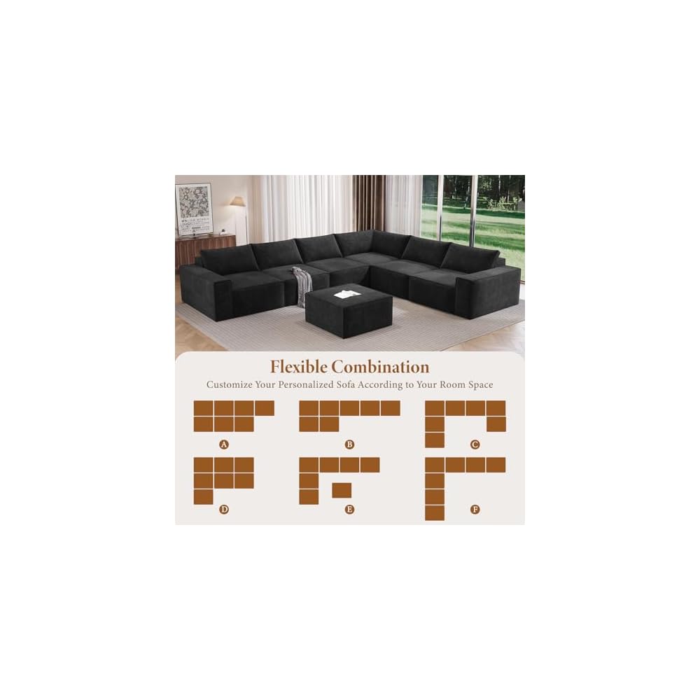 Vesgantti 143.7" Large Boneless Sectional Couch, 7 Seater Sofas, Black