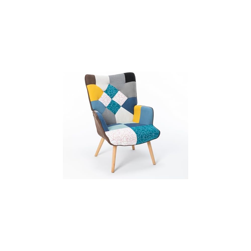 Modern Patchwork Accent High Backrest Armrests Lounge Recliner Chair Easy Assembly for Living Room Bedroom Studio Antique Blue One Size